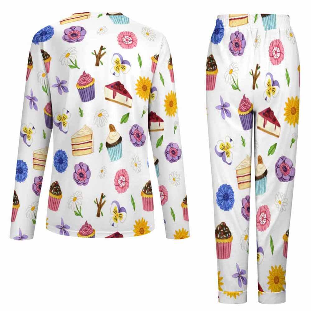 Soft Women's Pajama Set - White with colorful flower and cake patterns, long sleeve top and pants