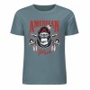 Teal cotton short-sleeved T-shirt with AMERICAN LEGEND gorilla graphic print, summer fashion.