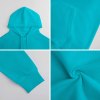 Teal cotton hooded sweater fabric detail, comfortable and breathable, youth fashion style.