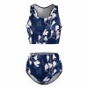 Navy floral print high-waisted bikini swimsuit. Two-piece swimwear for summer.