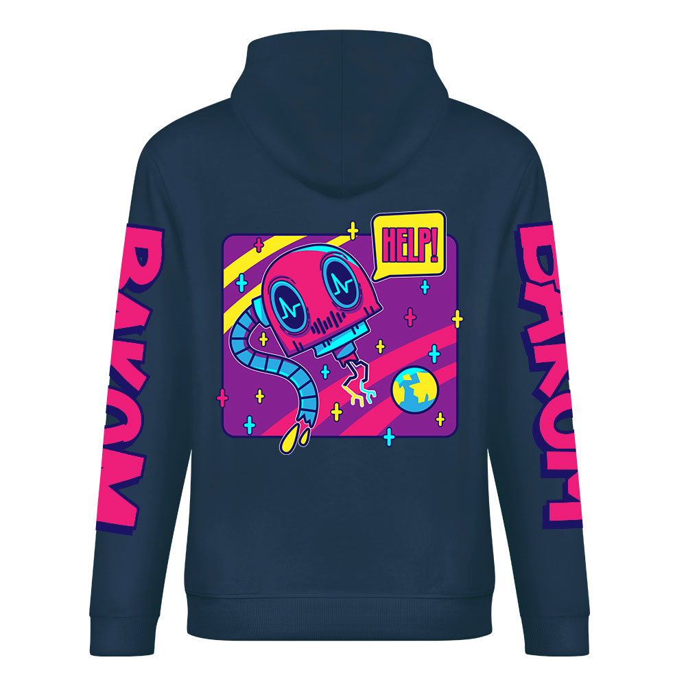Navy blue cotton hoodie with 'FOREVER' donut graphic, 'DAKUM' and 'CHRONM' sleeve prints, youth fashion style.
