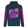 Navy blue cotton hoodie with 'FOREVER' donut graphic, 'DAKUM' and 'CHRONM' sleeve prints, youth fashion style.
