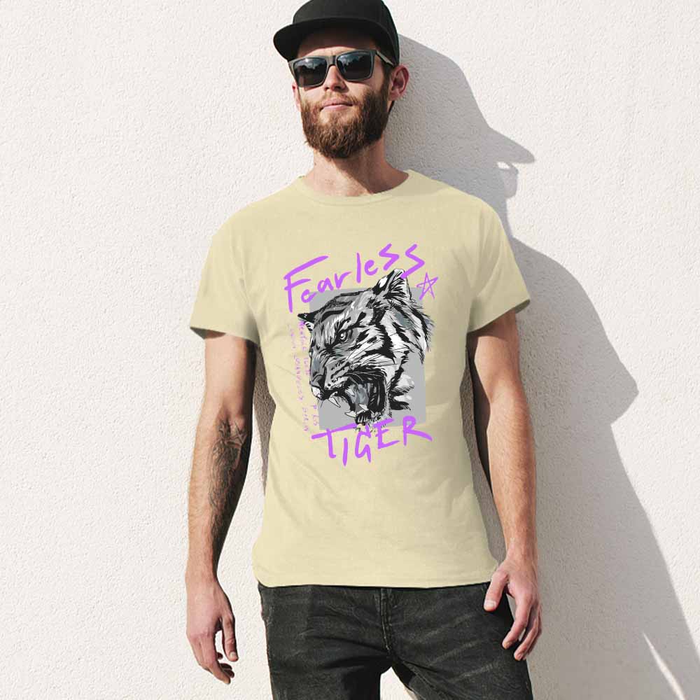 Men's beige cotton Fearless Tiger graphic T-shirt, collection.