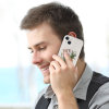 Man showing floral iPhone 14 case made of PC plastic with precise cutouts, scratch-resistant