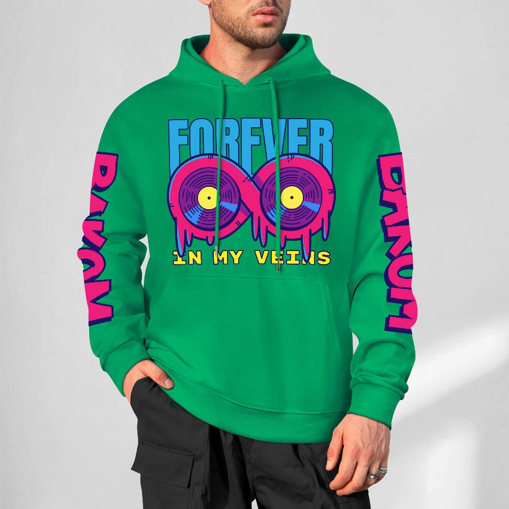 Green cotton FOREVER 99 donut graphic hoodie, DAKUM and CRASUM sleeve prints, youth fashion style.
