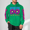 Green cotton FOREVER 99 donut graphic hoodie, DAKUM and CRASUM sleeve prints, youth fashion style.