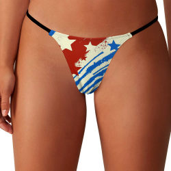 Ladies Sexy Thin Thong with patriotic stars and stripes pattern, showcasing curves.