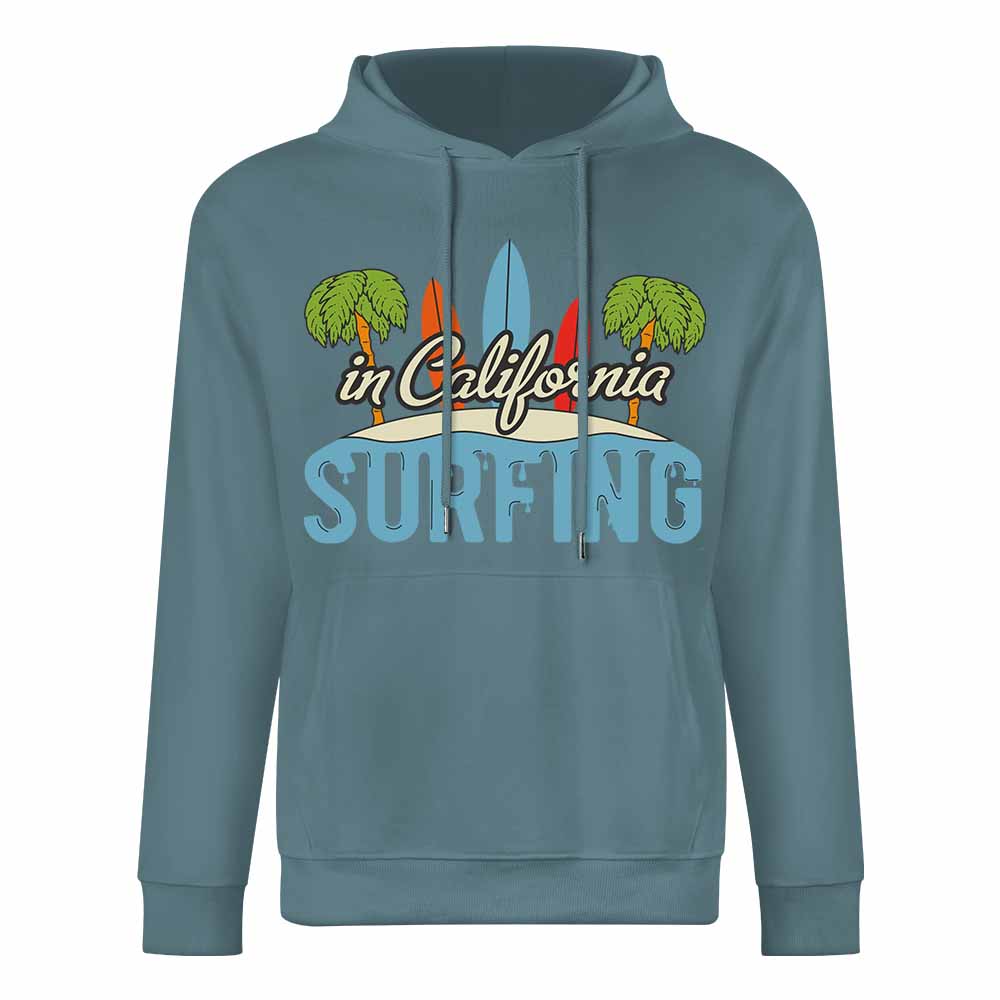 Blue cotton California Surfing hoodie, loose fit, for daily wear, featuring surfing graphic.