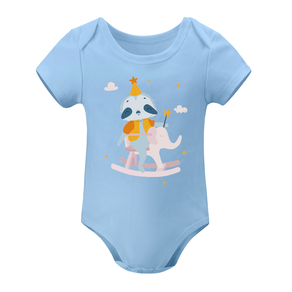 Light blue cotton baby bodysuit with cartoon animal design, perfect for 3-24 months babies.