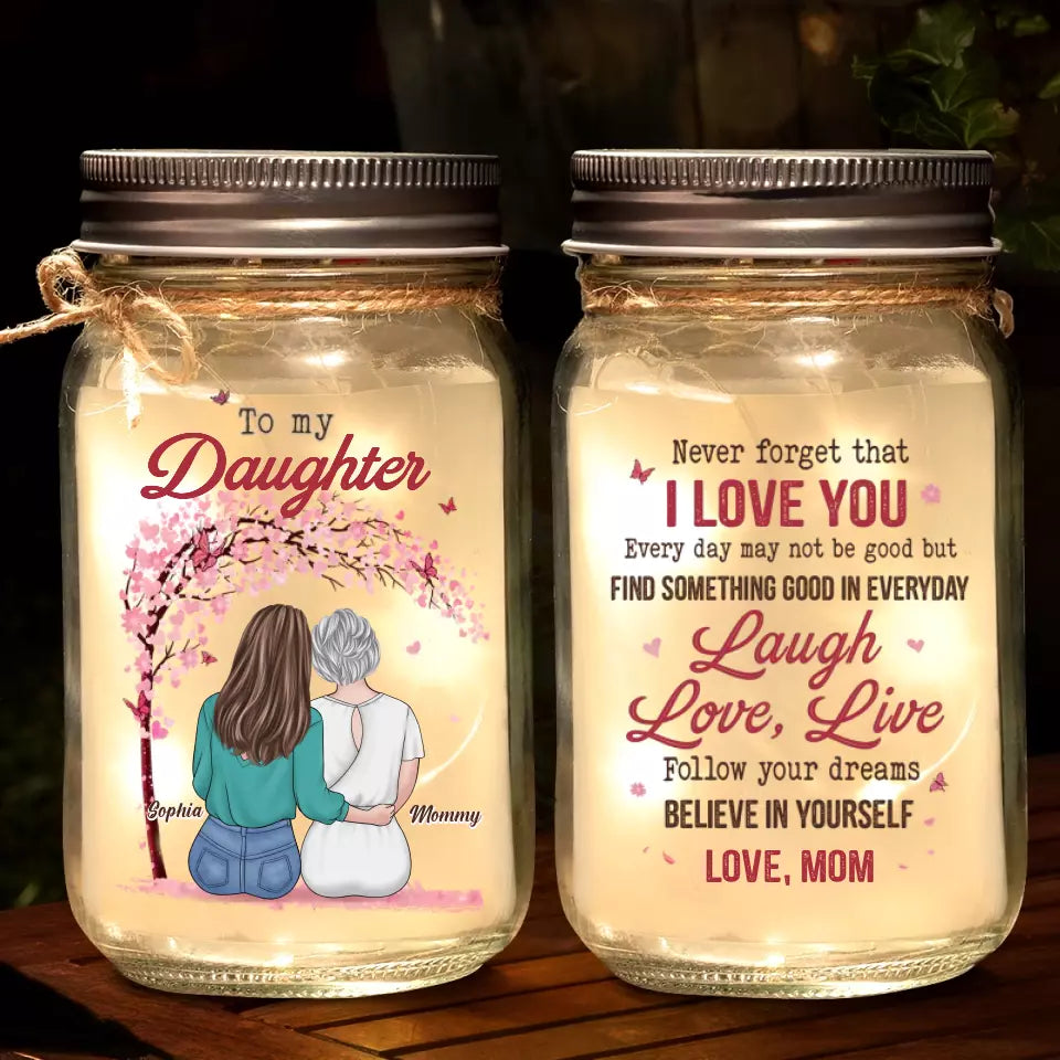 Personalized Mason Jar Light Gift for Mom and Daughter - I Love You, Beautiful Life design, 16oz glass with warm starlights