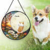 Custom stained glass memorial suncatcher with dog and 'Charlie', pet sympathy gift, round window hanging.