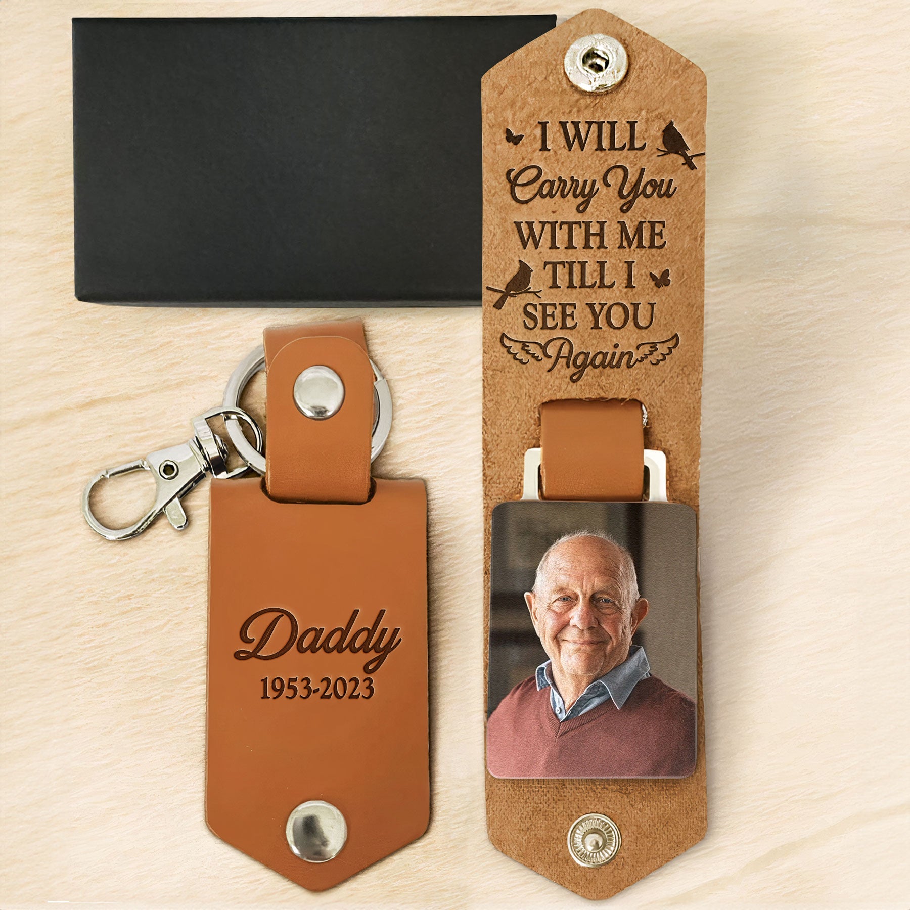 Personalized Leather Photo Keychain with 'I will carry you with me' message, memorial gift.