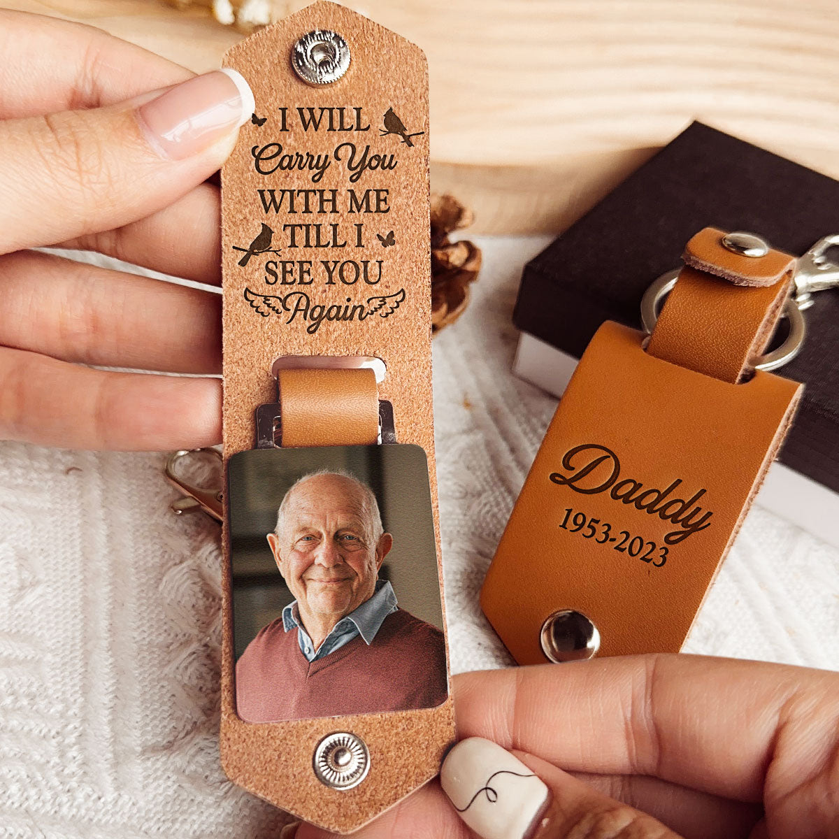 Pet Memorial Keychain: Photo and 'I will carry you with me' message. Leather Remembrance Gift.