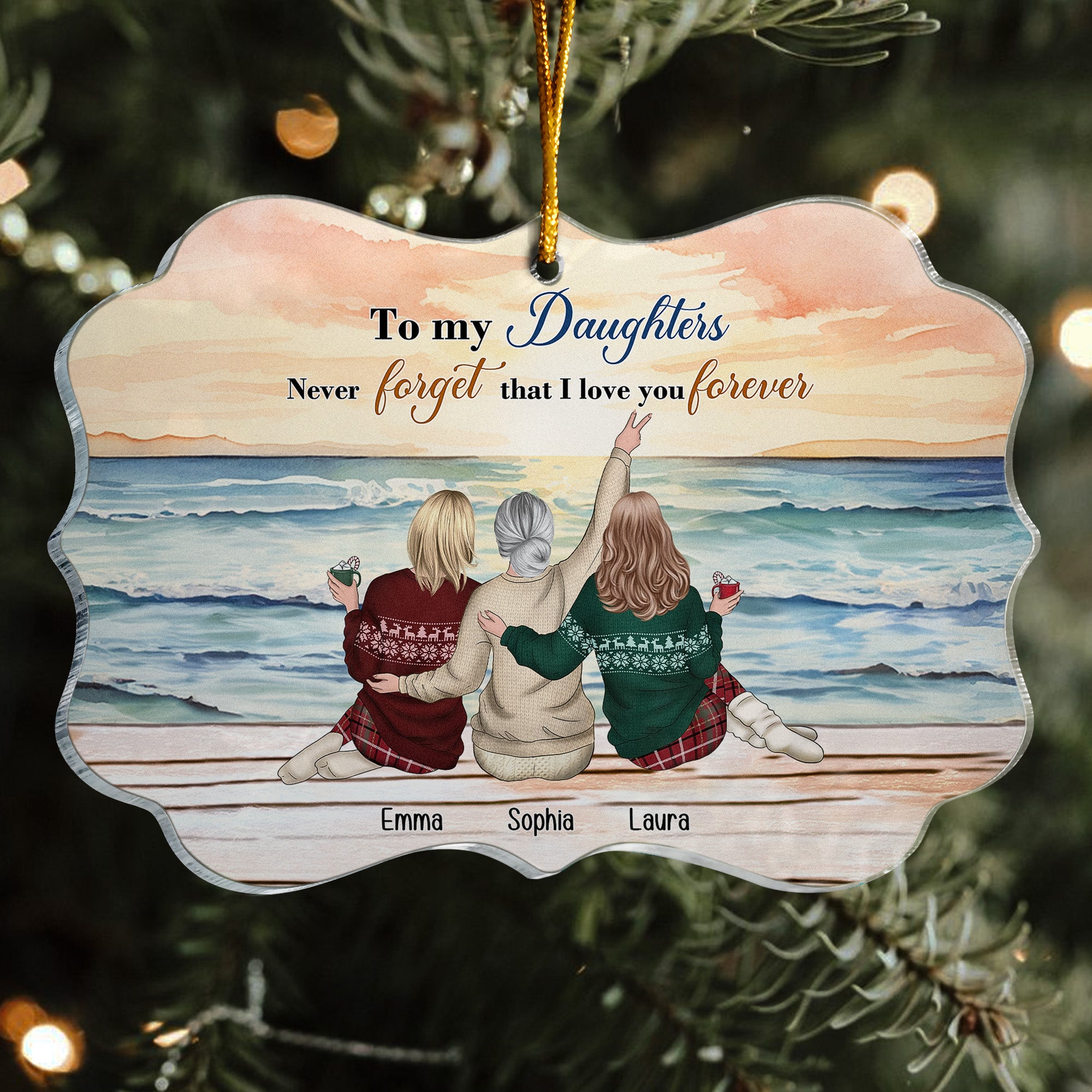 Personalized "To My Daughters" acrylic ornament with beach scene, loving keepsake, and sentimental message.
