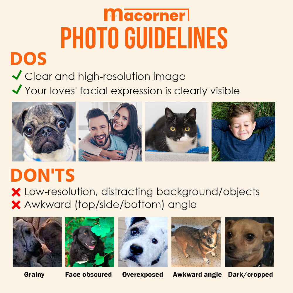 Pet Photo Guidelines for Personalized Keychain. High-resolution and clear photos are recommended.