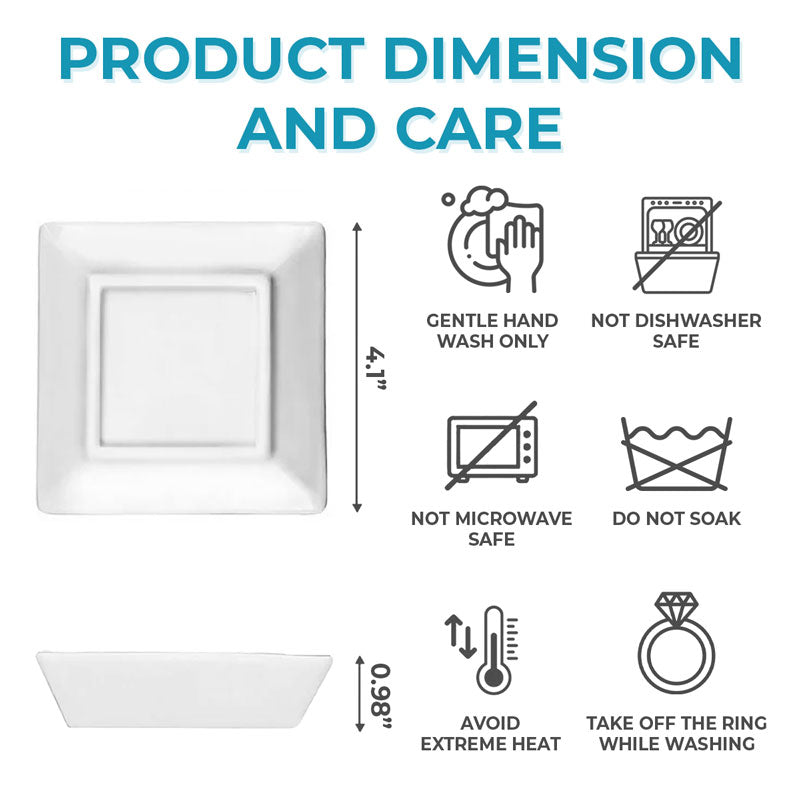Jewelry dish dimensions and care: hand wash, no microwave, avoid scratches.