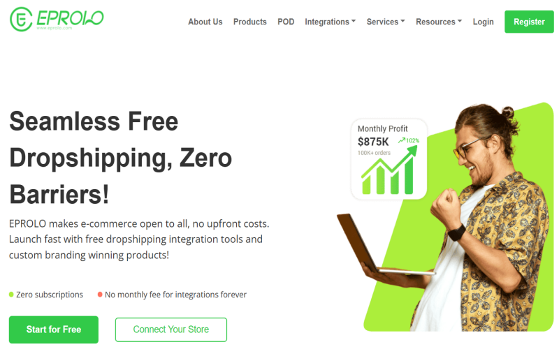 A man celebrating sales growth using fashion dropshipping supplier EPROLO on his laptop.