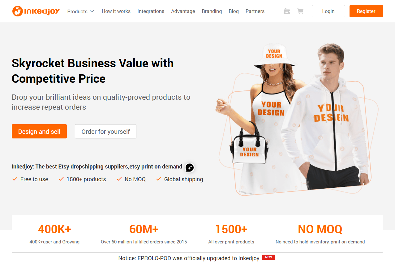 Displaying custom apparel options from POD supplier Inkedjoy for dropshipping businesses.