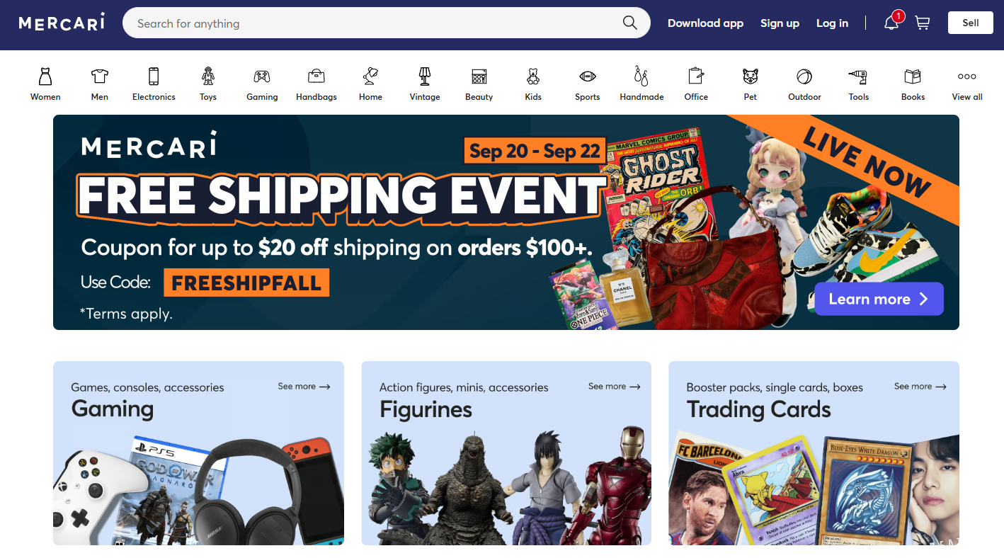 Browsing homepage deals to explore if is Mercari a legit site for online shopping.