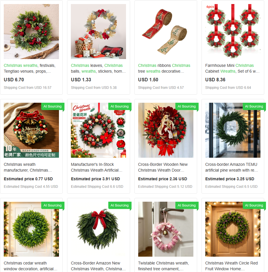 Sourcing dropshipping Christmas products by comparing holiday wreath prices and shipping estimates online.