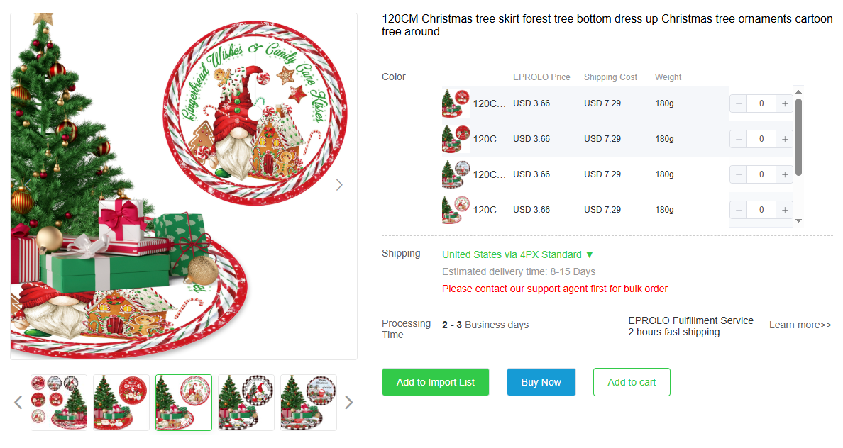 Selecting a festive tree skirt for Christmas dropshipping by checking product pricing and shipping options.
