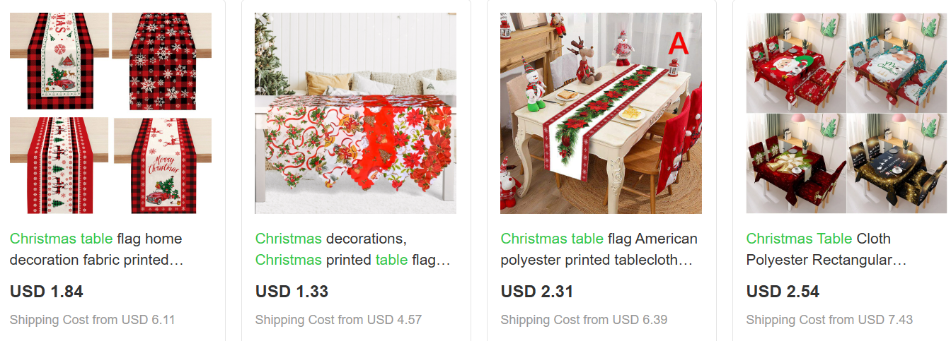 Sourcing the best christmas dropshipping products by comparing festive table runner and tablecloth prices.
