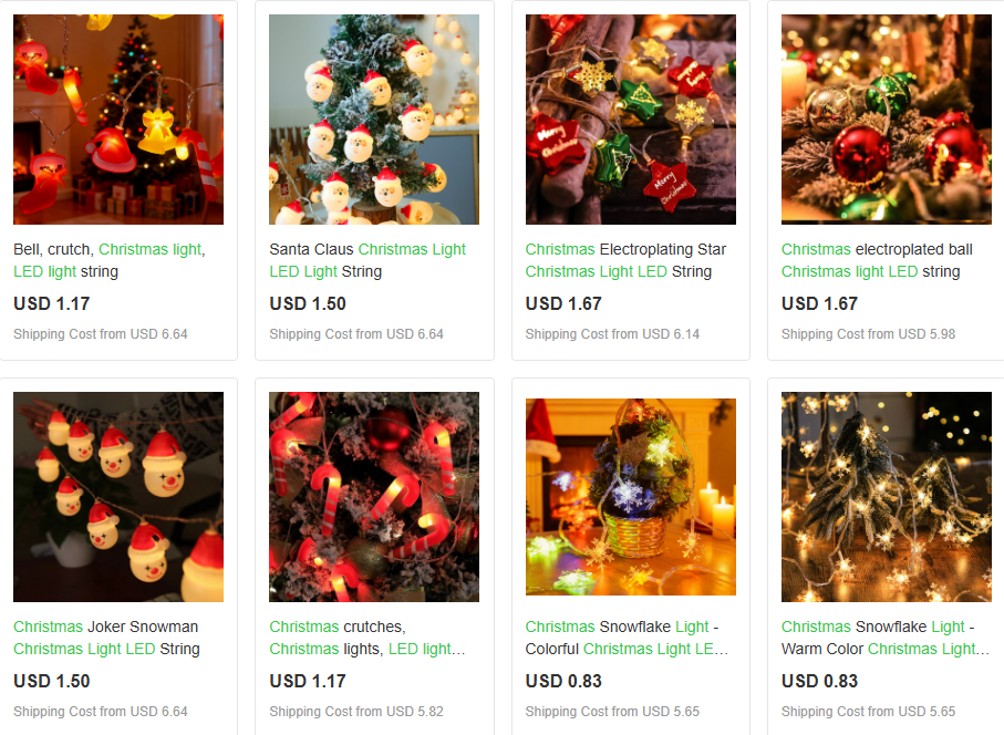 Sourcing dropshipping christmas products by comparing festive LED string light options and shipping rates online.
