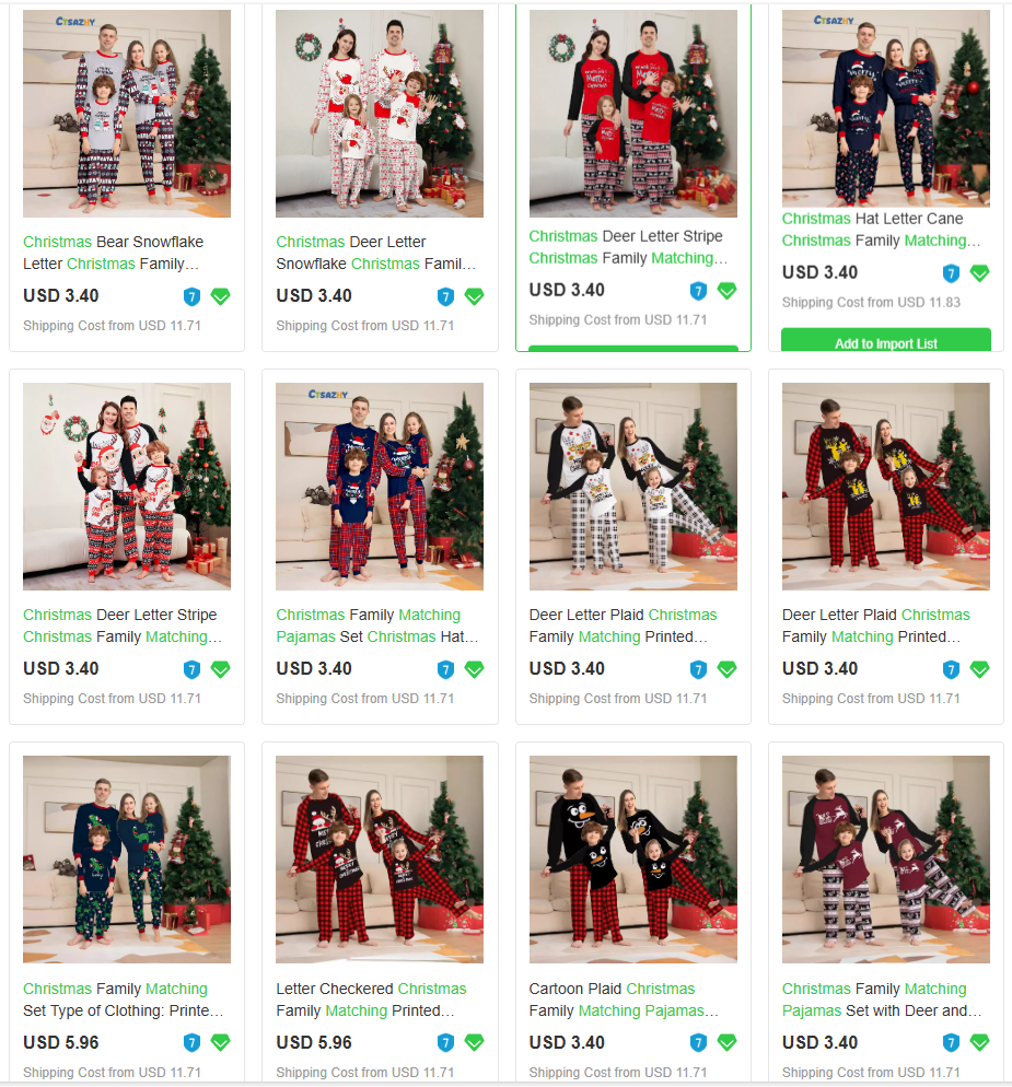 Sourcing the best dropshipping products for Christmas by comparing matching family pajama styles and prices.