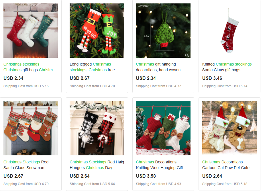 Browsing Christmas dropshipping stockings by comparing festive designs, wholesale prices, and shipping costs.