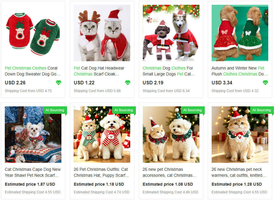 Sourcing dropshipping christmas products by comparing pet holiday costume prices and shipping rates.