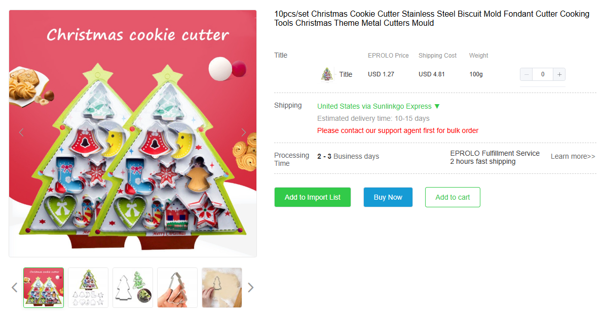Sourcing christmas dropshipping cookie cutter sets by checking supplier pricing and delivery estimates online.