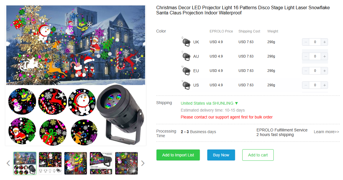 Sourcing the best dropshipping products for christmas by checking LED holiday projector light prices and plug options.