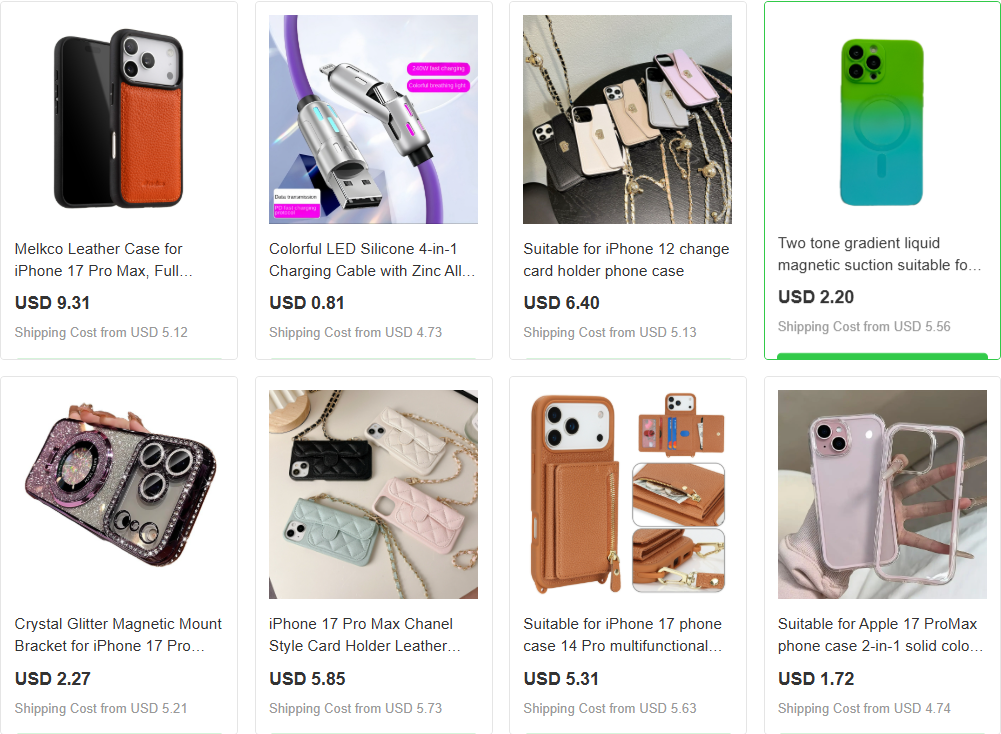 Browsing a dropshipping electronics catalog featuring trending phone cases and charging cables.