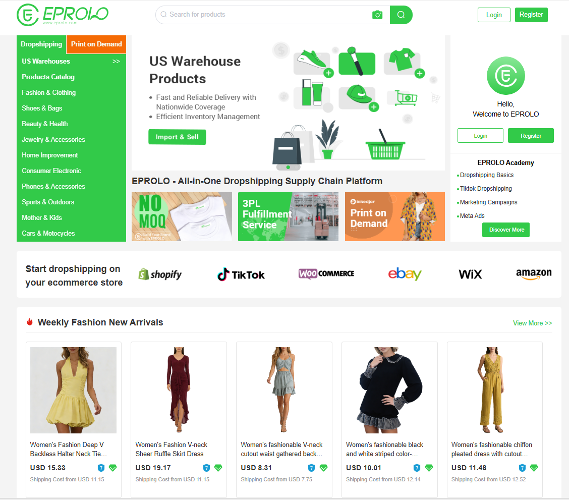 EPROLO clothing USA wholesale platform showcasing women's fashion products and dropshipping services.