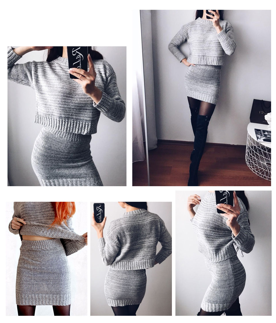 Winter 2 Pieces Sweater Dress Set Women Long Sleeve Office Wear Casual Gray Pullover Knitted Dresses Clothing Suit