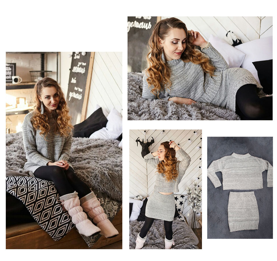 Winter 2 Pieces Sweater Dress Set Women Long Sleeve Office Wear Casual Gray Pullover Knitted Dresses Clothing Suit