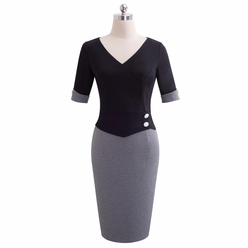 Vintage Mature Patchwork Short Button Sleeve V-Neck Wear to Work Bodycon Women Office Pencil Slim Dress