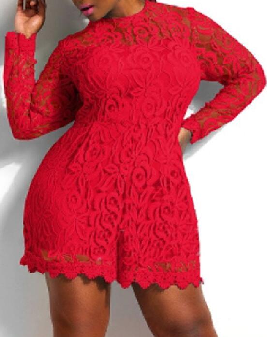 Solid Color Hollow Out Long Sleeve Lace Rompers Plus Size Jumpsuit XXL XXXL XXXXL Clubwear Sexy Short Playsuit White/Black/Red