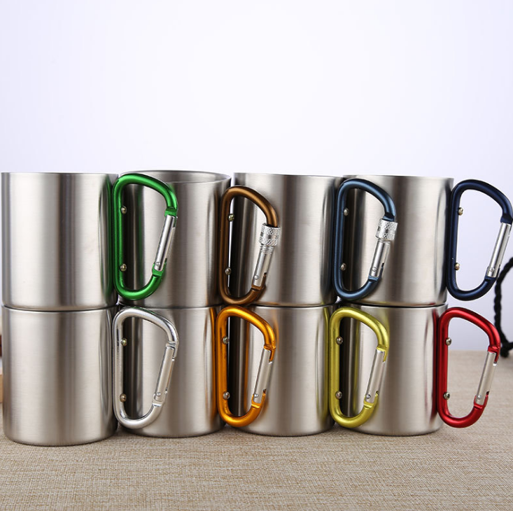 Stainless Steel Double Walled Mugs, Hiking, Travel Cups, Metal Mugs with Carabiner Handle