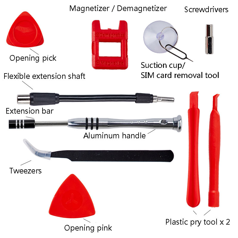 Labelled breakdown of opening tools, flexible shaft and suction cup