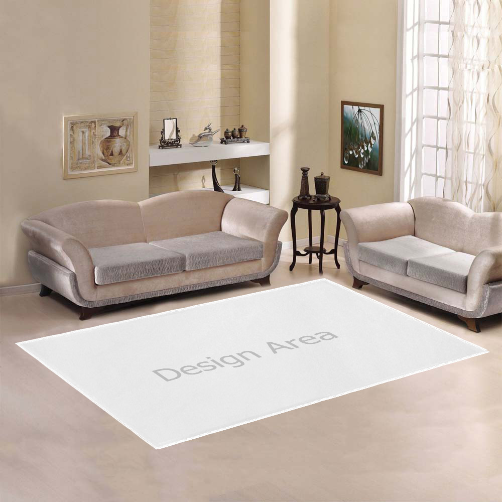 White 7'x5' Area Rug with "Design Studio" print in living room setting