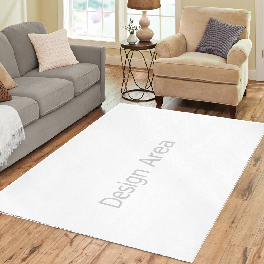 White 7x5 area rug with Design Area print in a living room setting, stain resistant