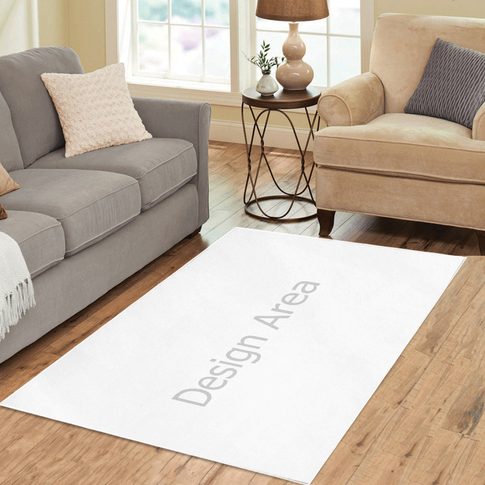 White area rug with 'Design Area' text, stain resistant and suitable for living room decor.