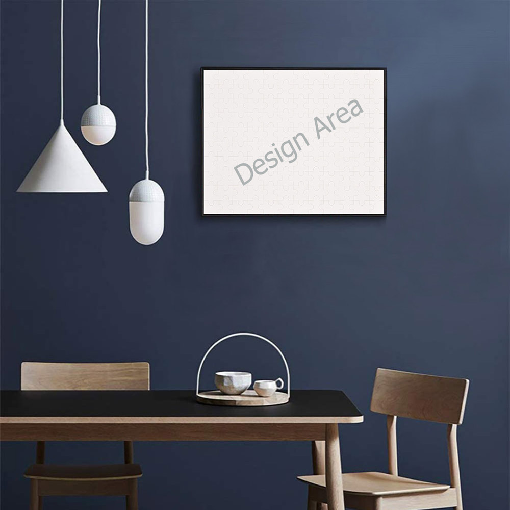 300-Piece Wooden Photo Puzzle with Design Aces Logo, hanging on a blue wall