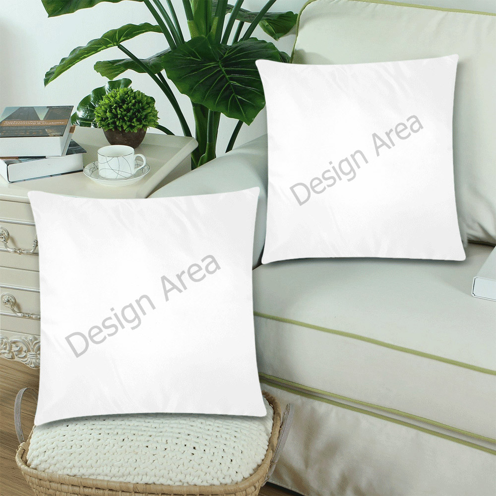 Set of 2 white custom 18x18 inch pillow covers, cotton blend, with 'Design Area' for unique designs.