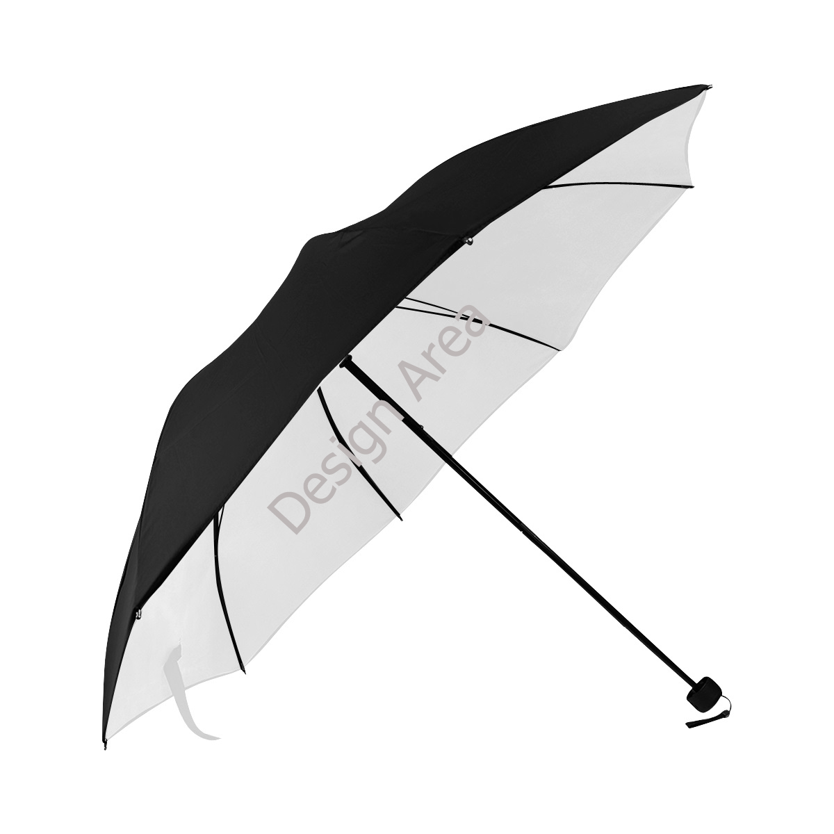 Anti-UV black and white foldable umbrella with underside printing, compact and portable.