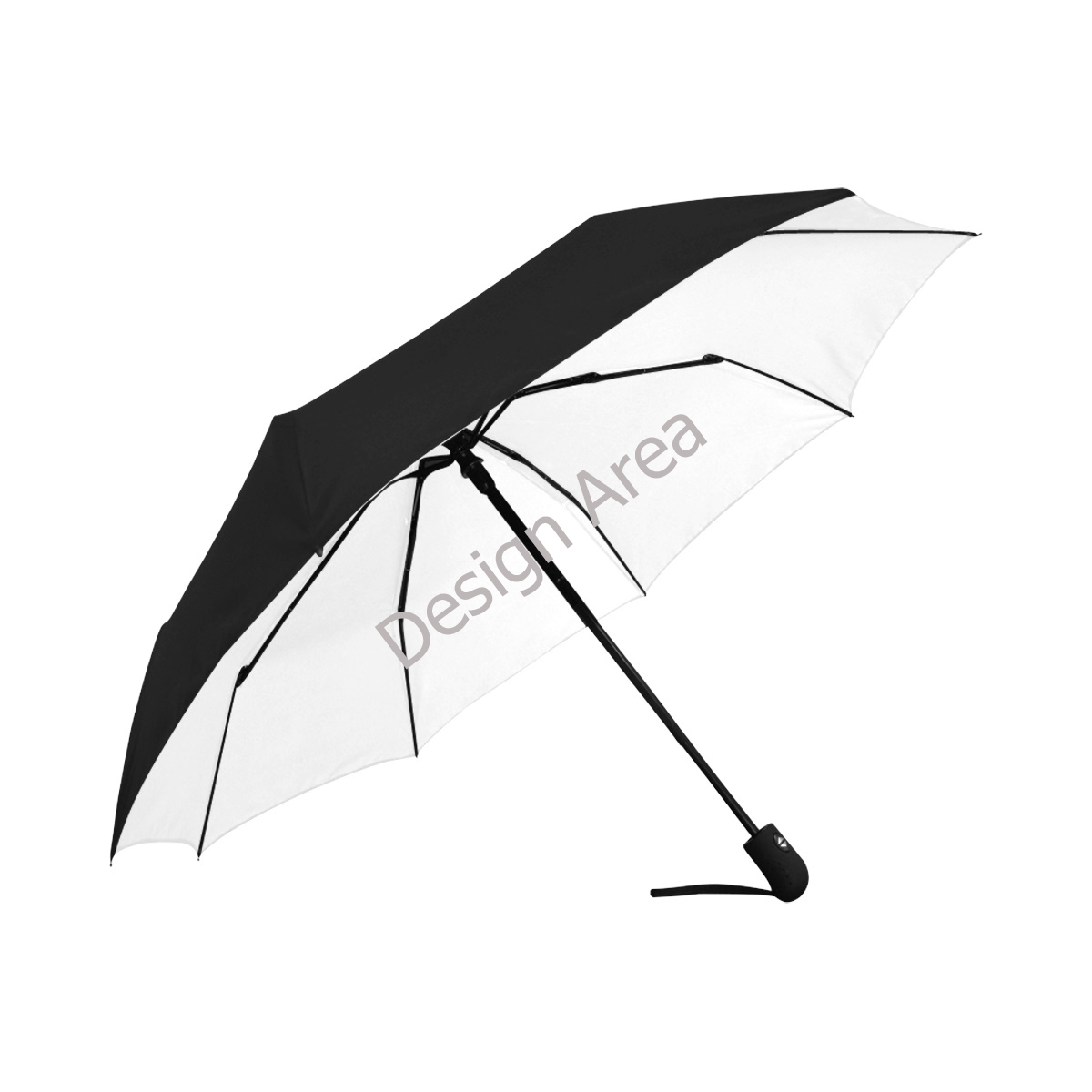 Black and transparent Anti-UV Auto-Foldable Umbrella with "design area" text, ideal for branding.