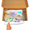Model 055 Women's Breathable Sneakers in box, colorful paint splatter design, Mesh cloth