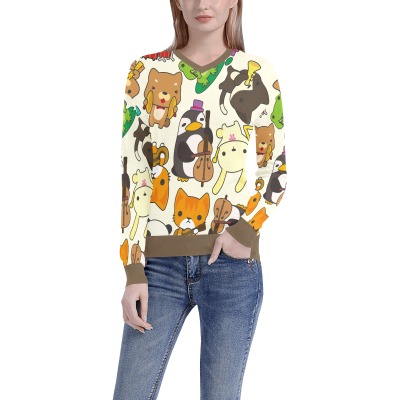 Women's all over print V-neck sweater featuring a fun cartoon animal pattern, perfect for daily wear and travel.