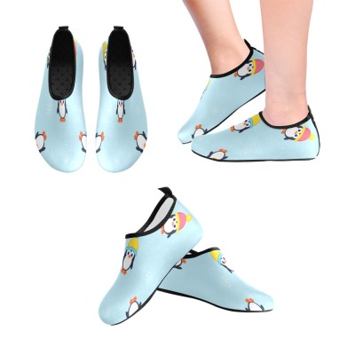 Blue Kid's Barefoot Aqua Shoes with Penguin Design, canvas upper, EVA sole, perfect for kids' daily activities.